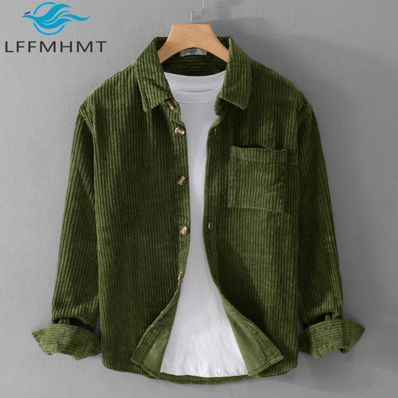 Corduroy Button Up Shirt Men - 2026年新作メンズコーデュロイシャツ 長袖カジュアルボタンアップシャツ オーバーサイズ ボーイフレンドスタイルブラウス 秋冬アウター