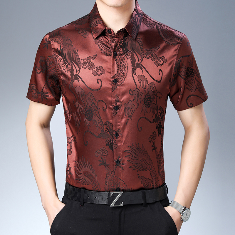 Mens Satin Silk Dress Shirt - メンズシルクシャツ,ファッショナブルなパターン,夏,カジュアルドレス,半袖,ソフトサテン,送料無料
