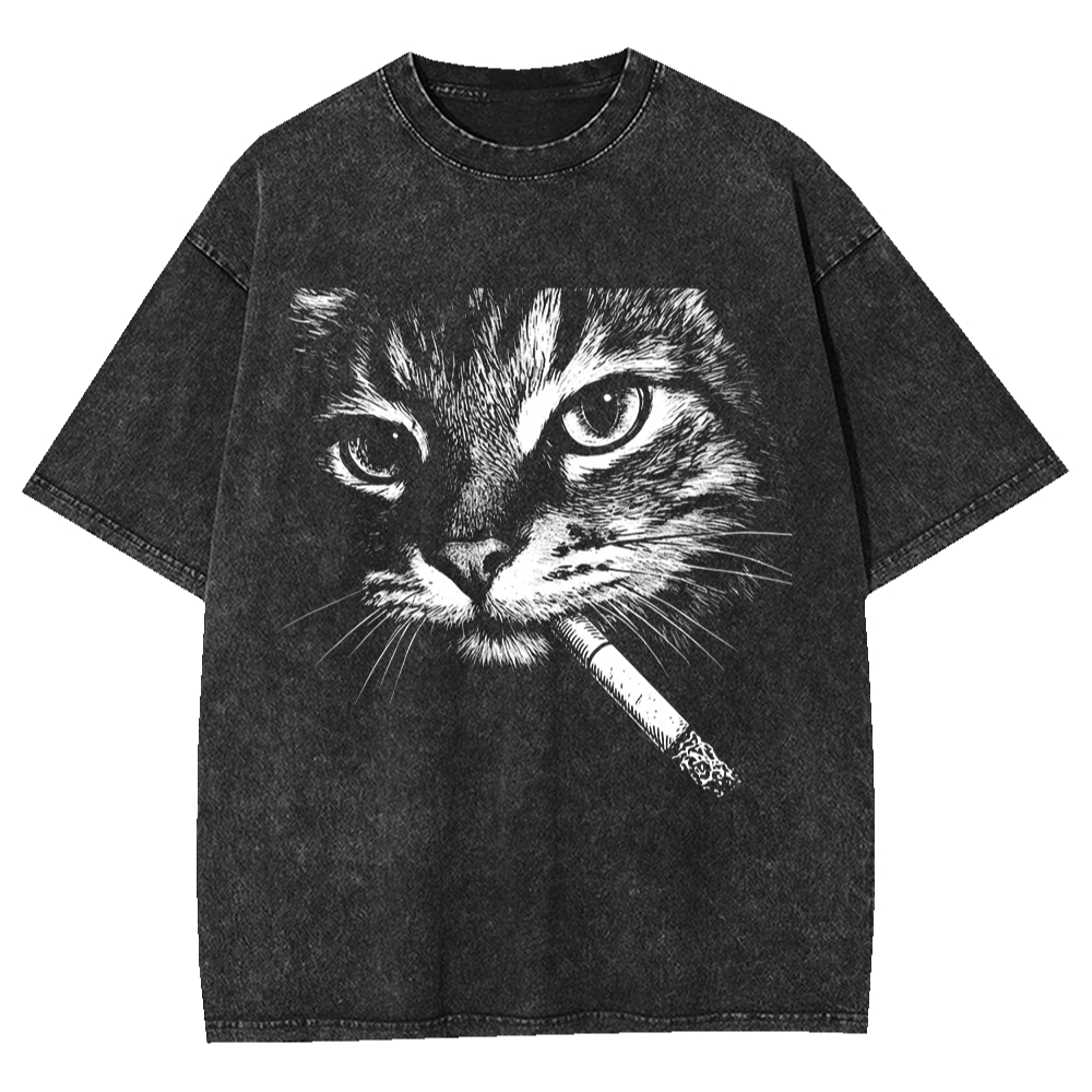 Acid Wash Vintage Graphic T Shirt - ヴィンテージ風アシッドウォッシュメンズTシャツ、喫煙猫グラフィックプリント、100%コットン、原宿ストリートウェア、オーバーサイズ、ヒップホップ、カジュアルTシャツトップス、2026