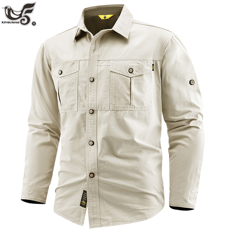 Tactical Military Shirt Cargo - ビジネスミリタリーシャツ男性戦術長袖春秋高品質綿 100% ヴィンテージカーゴシャツ男性服 M 〜 5XL