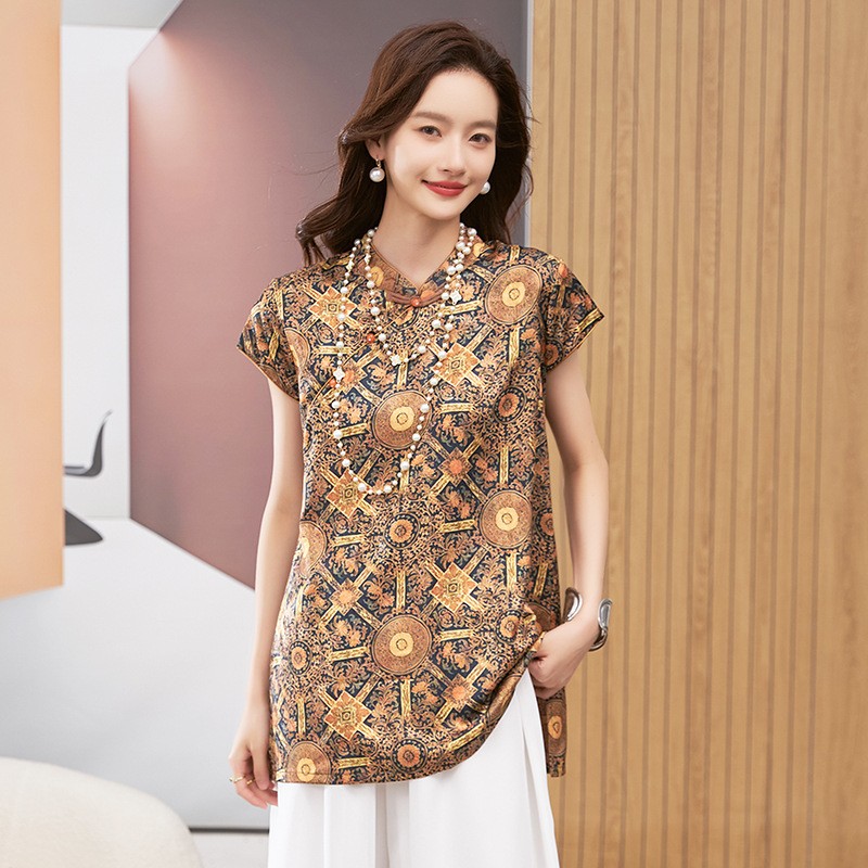 Shirts - 女性用ブラウス半袖ラウンドネックトップマンダリンカラーチュニック幾何学模様プリントルーズフィットミッドレングスゴールドブラウンシャツ