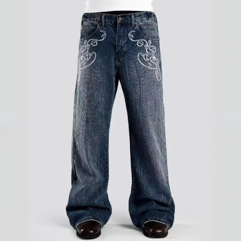 Jeans - レトロY2K 2点セット ストリートスタイルスーツ ストライプ襟ポロジャージートップ 刺繍入りブーツカットデニムパンツ ユニセックスカジュアルストリートウェア