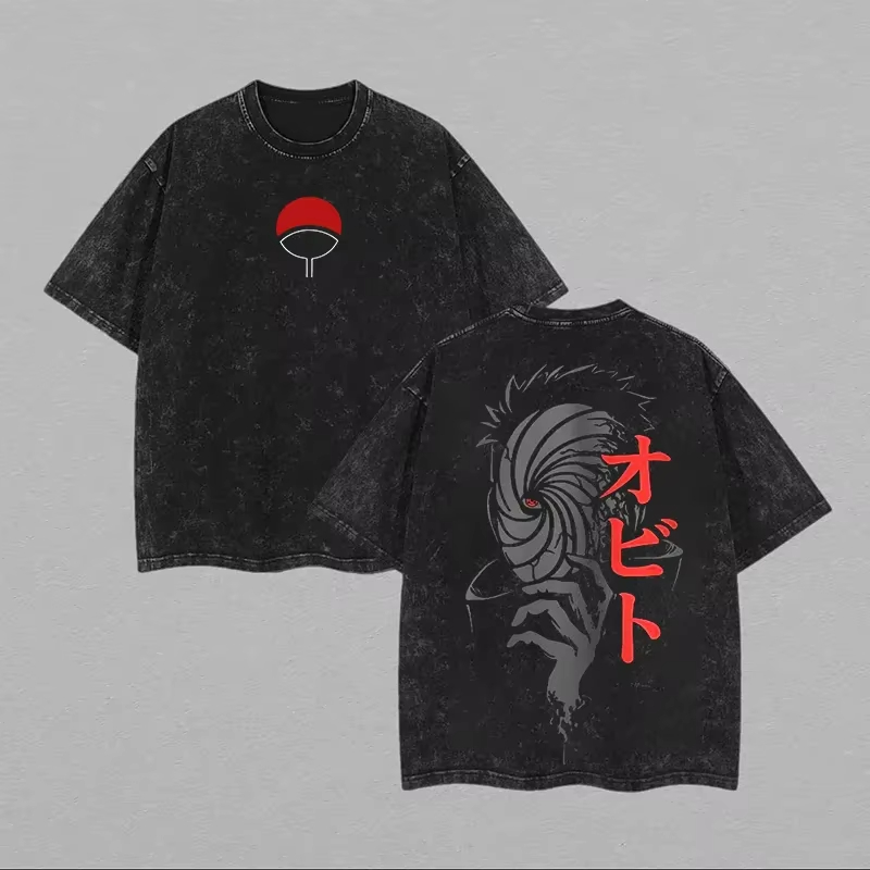 Acid Wash Vintage Graphic T Shirt - ナルト オビト うちは メンズ Tシャツ マスク