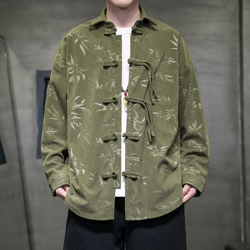 Corduroy Button Up Shirt Men - メンズレトロコーデュロイシャツ、伝統的なスタンドカラー、ボタン留め、フロッグボタン、竹模様、ヴィンテージチャイニーズスタイル