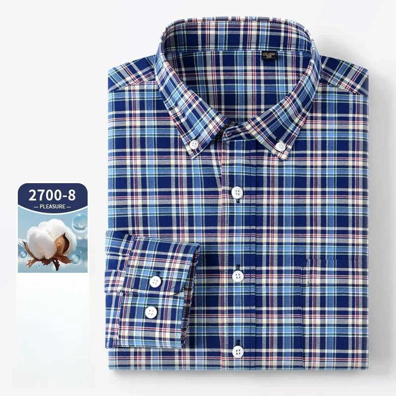 Oxford Cotton Casual Shirt Business - 高品質長袖ポケットシャツ メンズ 100%純綿オックスフォード メンズチェックシャツ 男性 ビジネスカジュアル