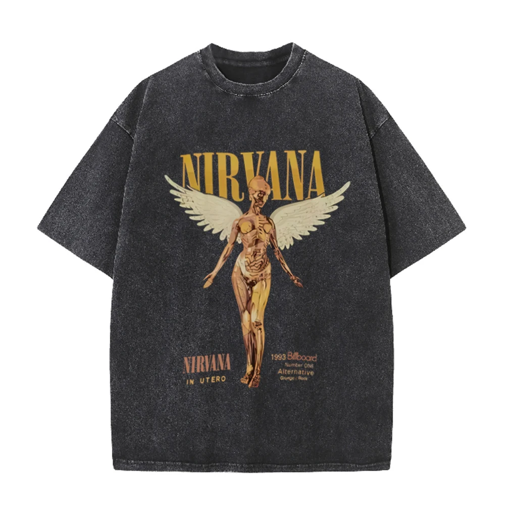 Acid Wash Vintage Graphic T Shirt - レトロアシッドウォッシュオーバーサイズTシャツ ニルヴァーナバンド 1993 ビルボードエンジェルフィギュアグラフィック ヴィンテージロックカジュアルトップス