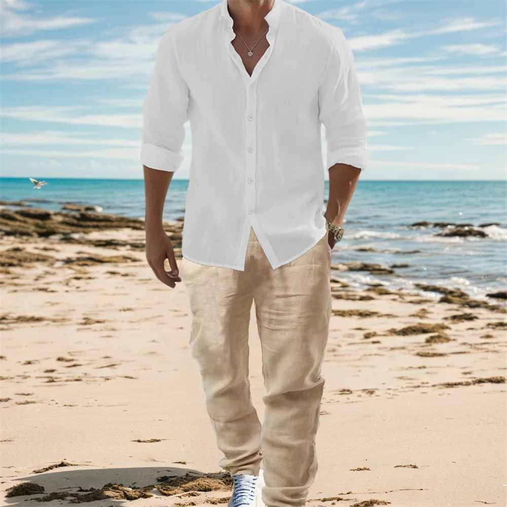 Mens Linen Shirt Long Sleeve - メンズコットンリネン長袖シャツセットカジュアルベーシックスタイル休暇無地軽量通気性男性スタイリッシュな衣装