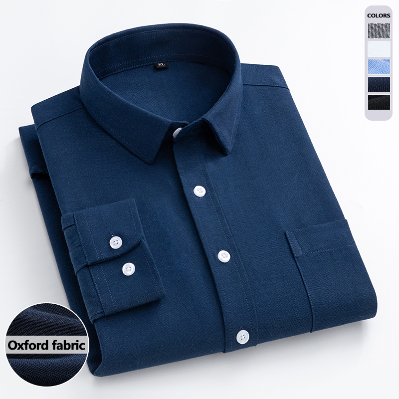 Oxford Cotton Casual Shirt Business - ネイビーブルーオックスフォードシャツメンズ長袖春秋のファッション韓国スリム抗シワビジネスカジュアル若者シャツドレス