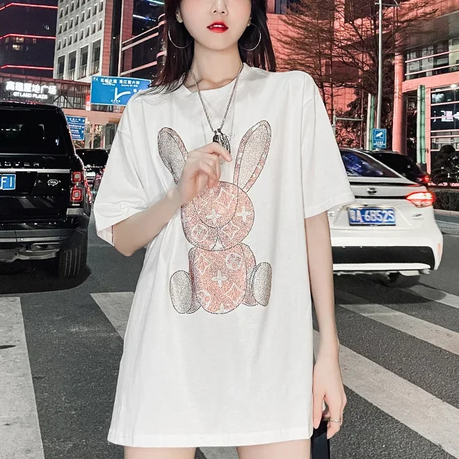 Shirts - レディースサマーカジュアルTシャツ：ダイヤモンドカートゥーンプリント半袖Tシャツ、オフィス＆デイリーウェア
