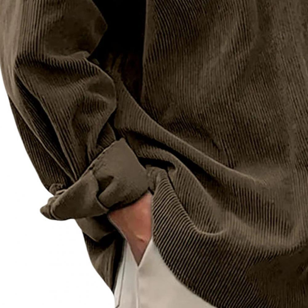 Corduroy Button Up Shirt Men - アウトドアカジュアルメンズ無地長袖シャツ、折り返し襟ボタンダウンシャツトップス、2026年春秋メンズコーデュロイシャツ
