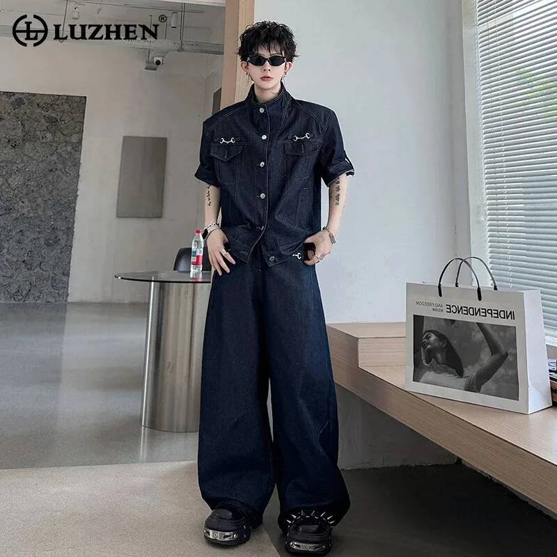 Jeans - LUZHEN ハンサム 2026 夏新デニムツーピースセットメンズトレンディなマルチポケット半袖シャツとルーズ男性ジーンズ JY8055