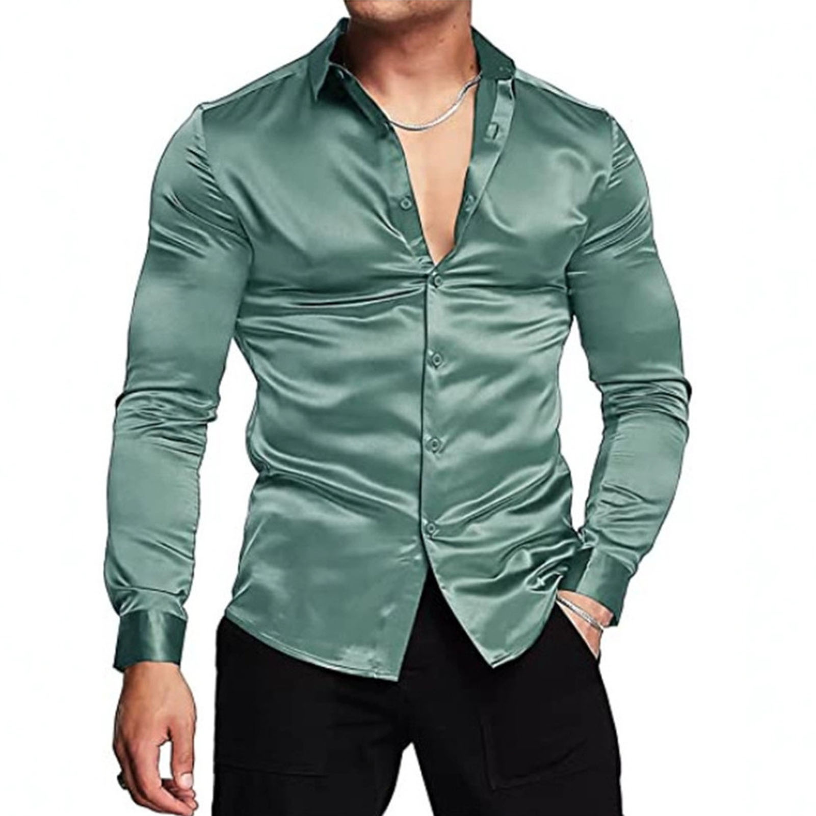 Mens Satin Silk Dress Shirt - 春秋シルクサテンシャツ高級ドレスシャツメンズスリム長袖ラペルタキシードシャツ男性用結婚式クラブパーティーダンスブラウス