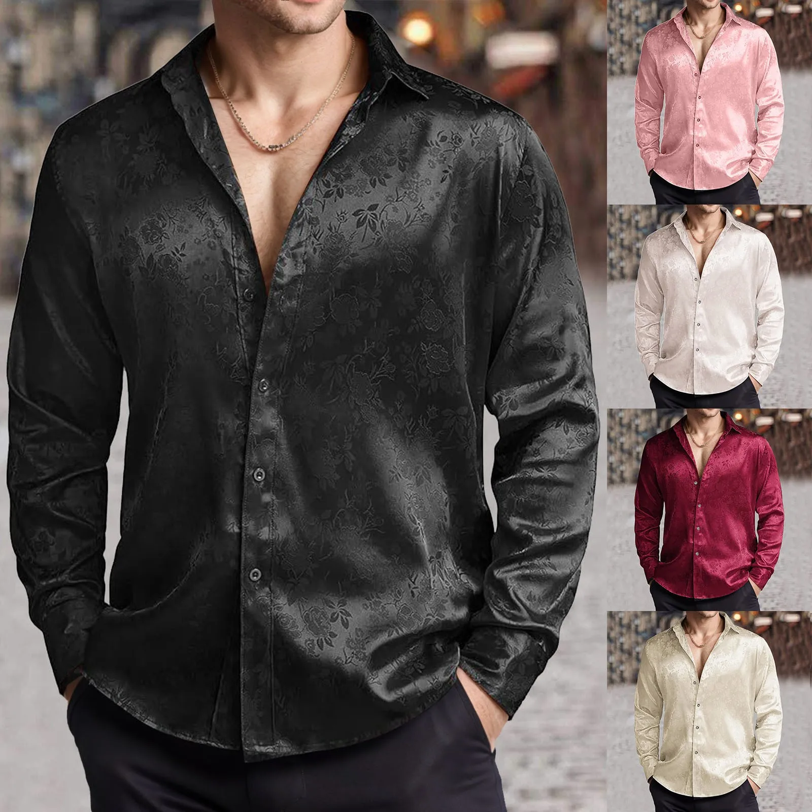 Mens Satin Silk Dress Shirt - メンズ模造シルクサテンドレスシャツジャカード長袖花ボタンアップシャツパーティー結婚式コットンリネンルーズトップスシャツ
