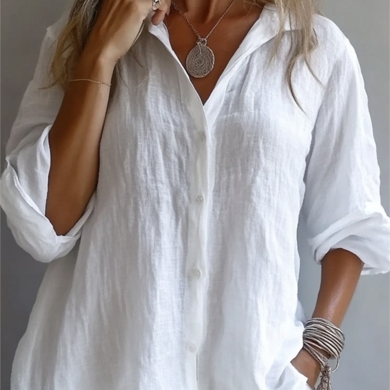 Mens Linen Shirt Long Sleeve - 無地リネンセクシーな V ネックシングルブレスト長袖春秋婦人服新しいカジュアルルーズシャツ Blusas De Mujer