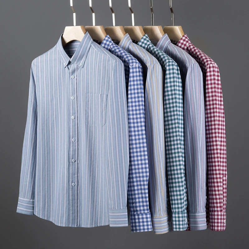 Oxford Cotton Casual Shirt Business - 2026年春秋100%コットンオックスフォード格子柄ファッションストライプスリムフィット無地ビジネスカジュアル長袖メンズシャツ