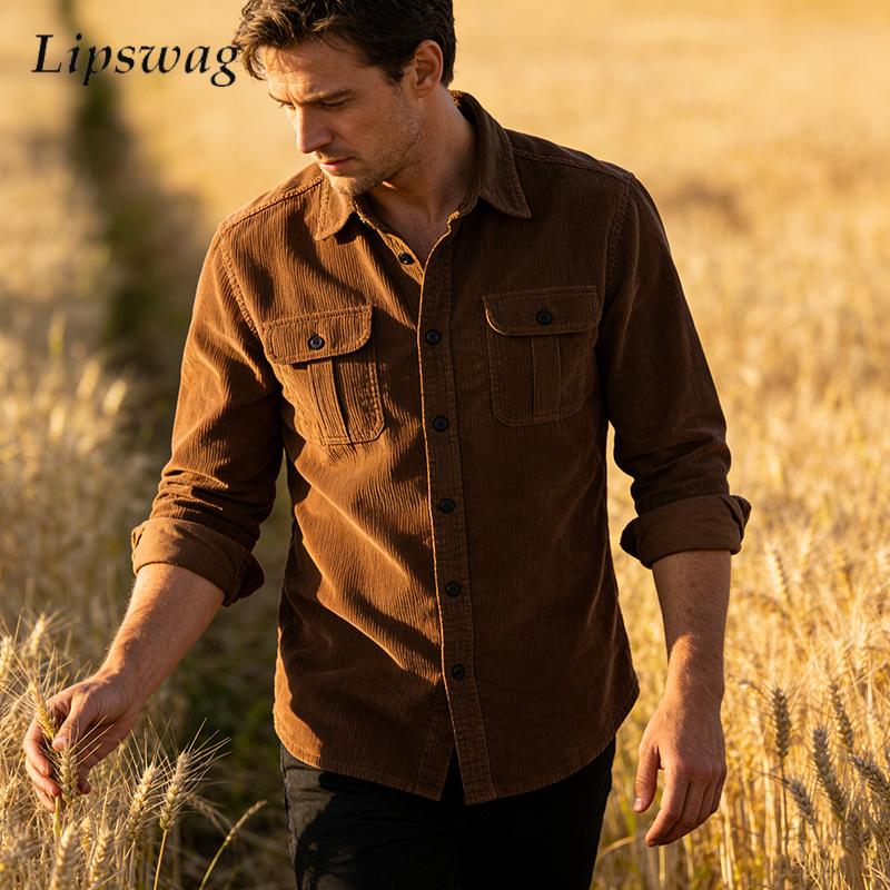 Corduroy Button Up Shirt Men - ヴィンテージ無地コーデュロイシャツジャケットメンズファッションボタンアップロングカラーアウターメンズ春カジュアルボタンアップラペルカーディガン