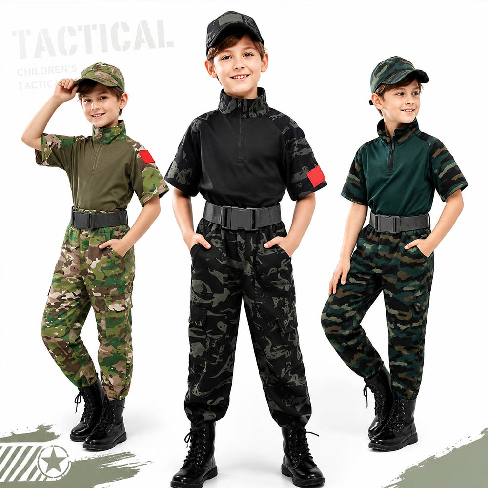 Tactical Military Shirt Cargo - 子供用迷彩戦術フロッグスーツ半袖Tシャツカーゴパンツベルト付き耐久性のある軍事訓練制服アウトドア服