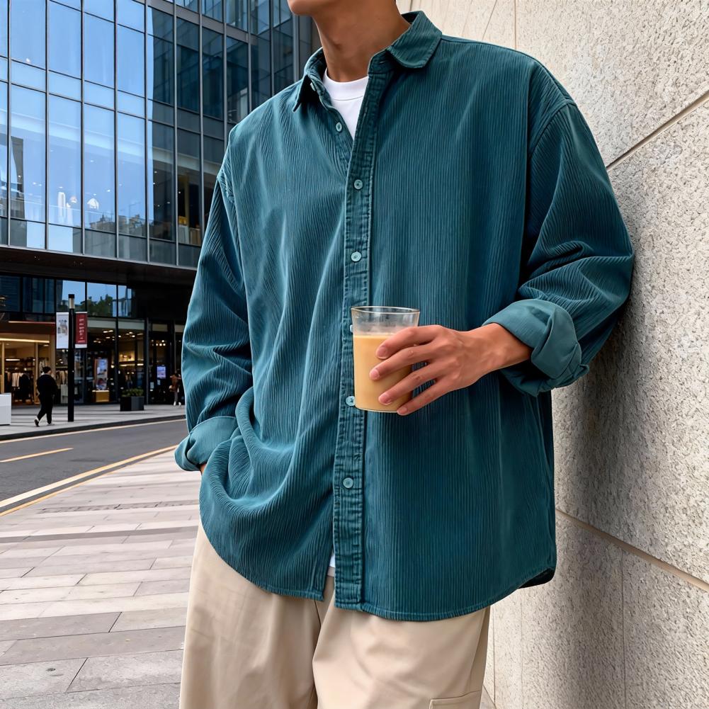 Corduroy Button Up Shirt Men - 新しいメンズコーデュロイシャツリラックスフィット長袖ボタンアップポイントカラーソリッドカラーカジュアルレトロスタイル秋冬ジャケット