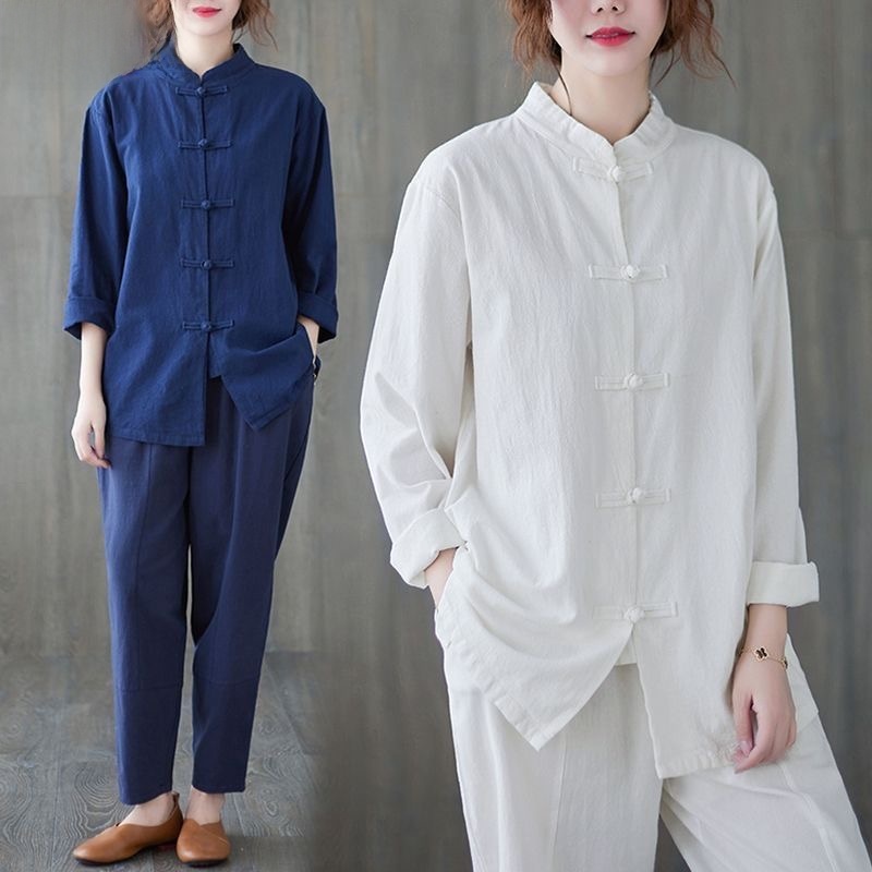 Mens Linen Shirt Long Sleeve - ゆったりとした綿麻シャツ 長袖ボタンアップ スタンドカラーオープンカーディガン 春夏カジュアルウェア 中年男性向け