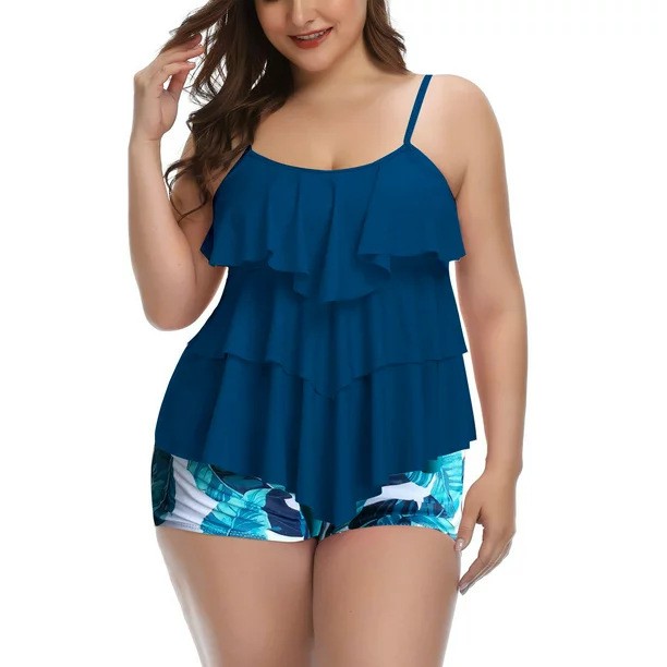 Shorts - 女性水着ビキニプラスサイズビキニ花柄水着スパゲッティストラップツーピース水着ハイウエストショーツ女性