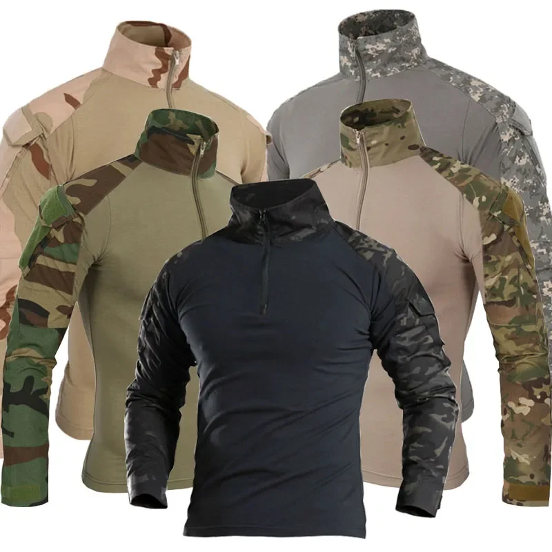 Tactical Military Shirt Cargo - 耐摩耗性のコンバットシャツ、カモカーゴスポーツトップ、エアソフトペイントボール戦術Tシャツ、ハイキング、釣り、登山、狩猟服