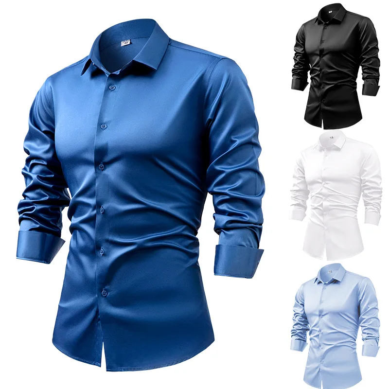 Mens Satin Silk Dress Shirt - メンズ長袖シルクサテンシャツ,ネイビーブルー,カジュアル,アイロンなし,しわ防止,仕事,春,秋,2025