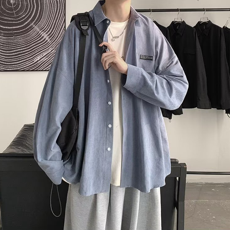 Corduroy Button Up Shirt Men - 韓国ファッション黒長袖シャツ 2023 春メンズ原宿黒特大シャツボタンアップシャツブラウスユニセックス Y2K