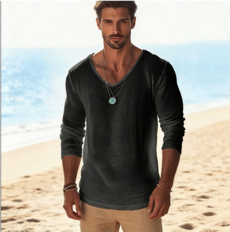 Mens Linen Shirt Long Sleeve - メンズカジュアルVネックリネン混紡長袖Tシャツ、通気性のある軽量ビーチウェア、春と秋のプルオーバーセーター88