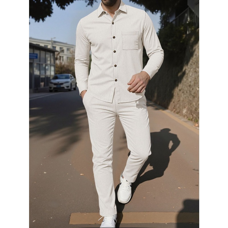 Corduroy Button Up Shirt Men - メンズ コーデュロイ ボタンアップシャツ ツーピースセット 長袖 オープンシャツ