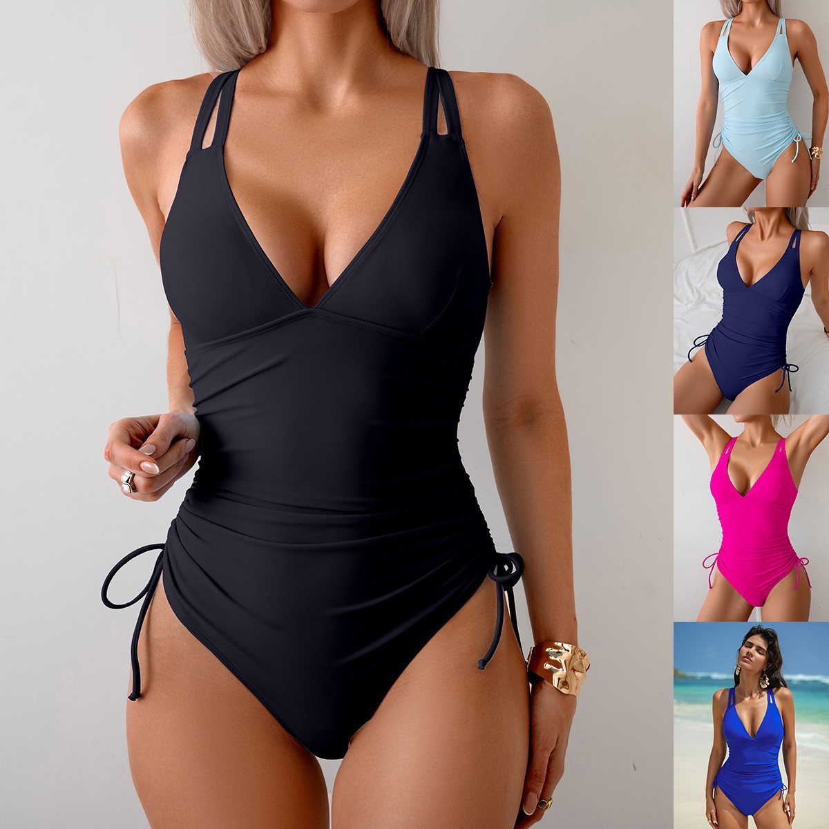 Suits - ソリッドブラックのVネックワンピース水着、ウエストにギャザー入り、ホルターストラップ、ハイカットレッグ、ノースリーブ、ソリッドピンクの水着