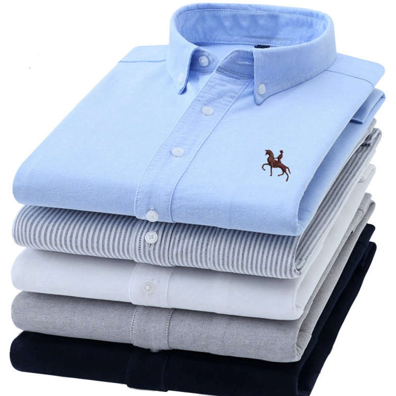 Oxford Cotton Casual Shirt Business - S-6XL オックスフォードシャツ男性用長袖ピュアコットンソリッドストライプレジャー刺繍馬ストリートビジネス無地オフィス 6XL