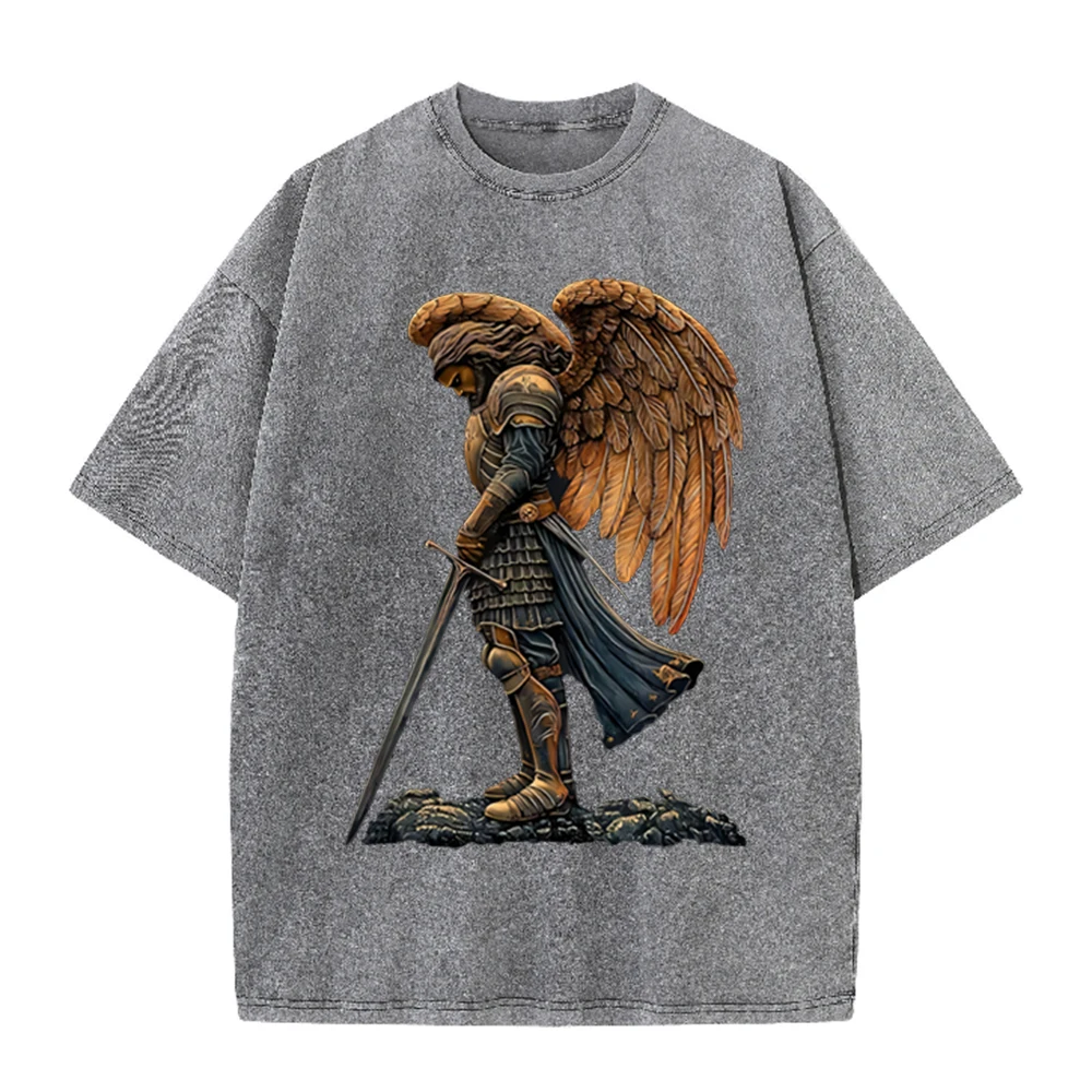 Acid Wash Vintage Graphic T Shirt - 2026 ヴィンテージ 装甲天使戦士 翼付き剣グラフィック グレー 酸洗い加工