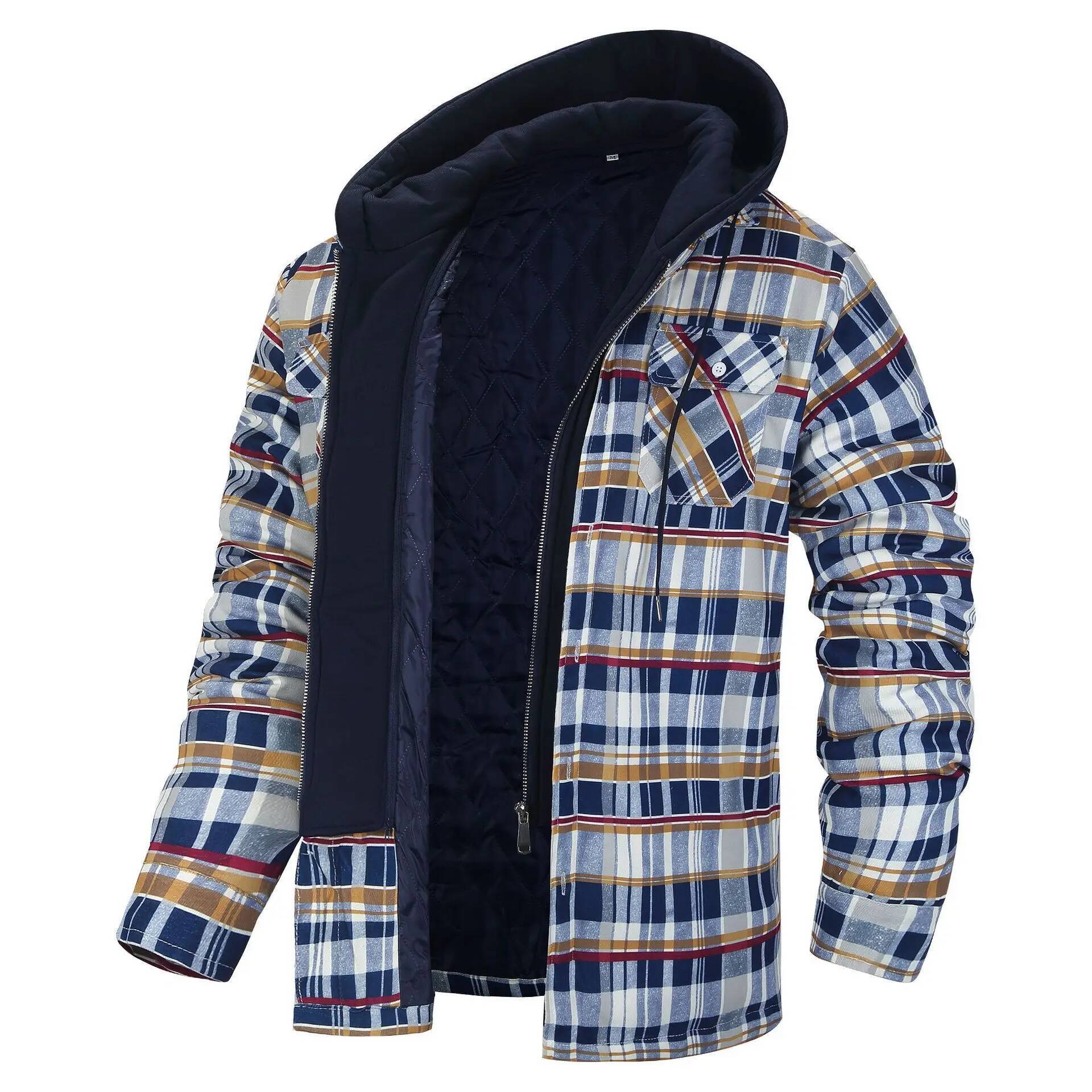 Flannel Plaid Shirt Heavy Weight - 冬用フランネルチェック柄ジャケット メンズ カジュアル 取り外し可能なフード付き 厚手 キルティング裏地付き