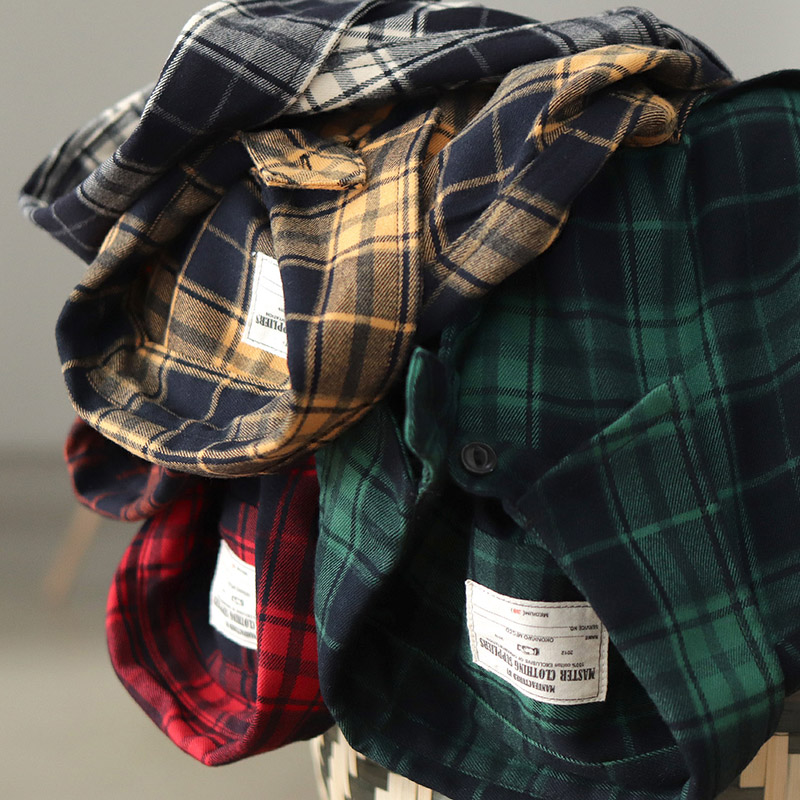 Flannel Plaid Shirt Heavy Weight - 秋の新日本レトロ 300 グラムヘビーウェイト長袖ラペルチェック柄カーゴシャツメンズシンプルな洗浄ダブルポケットカジュアルブラウス