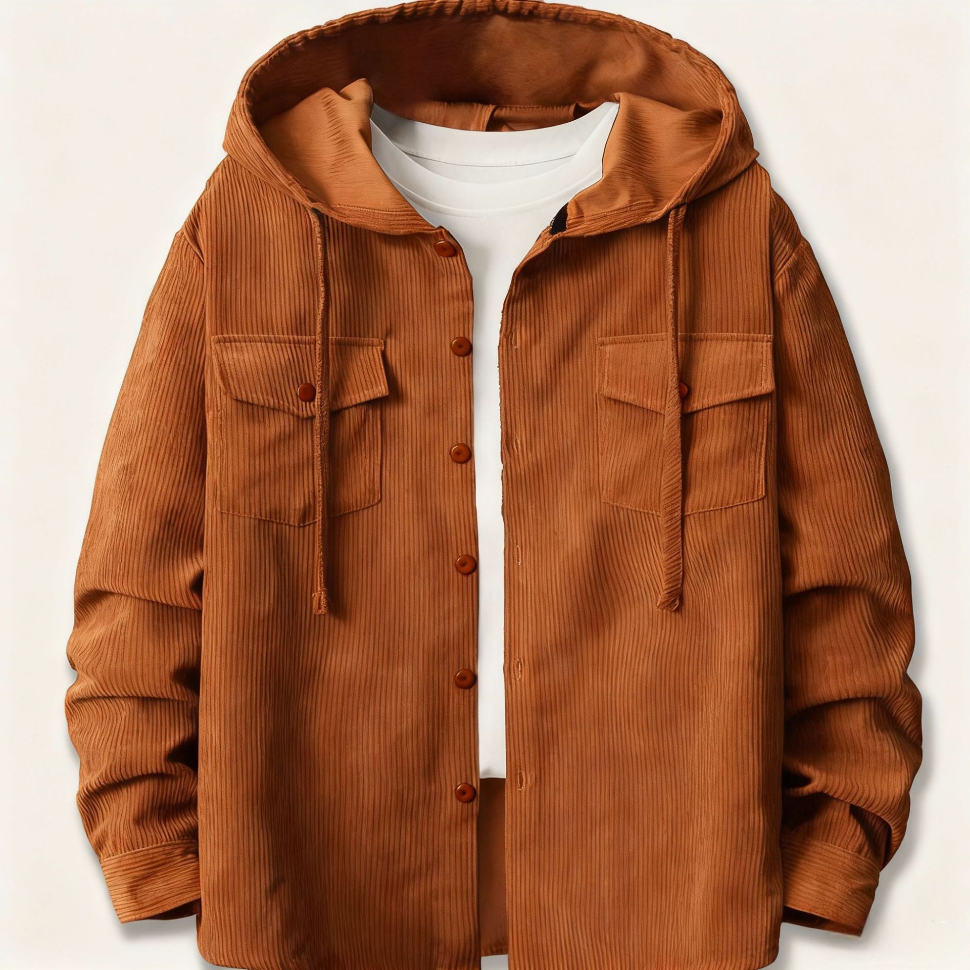 Corduroy Button Up Shirt Men - メンズルーズコーデュロイフード付きボタンアップシャツヴィンテージダブルポケット長袖トップ春秋デイリーストリートファッションカジュアルアウト