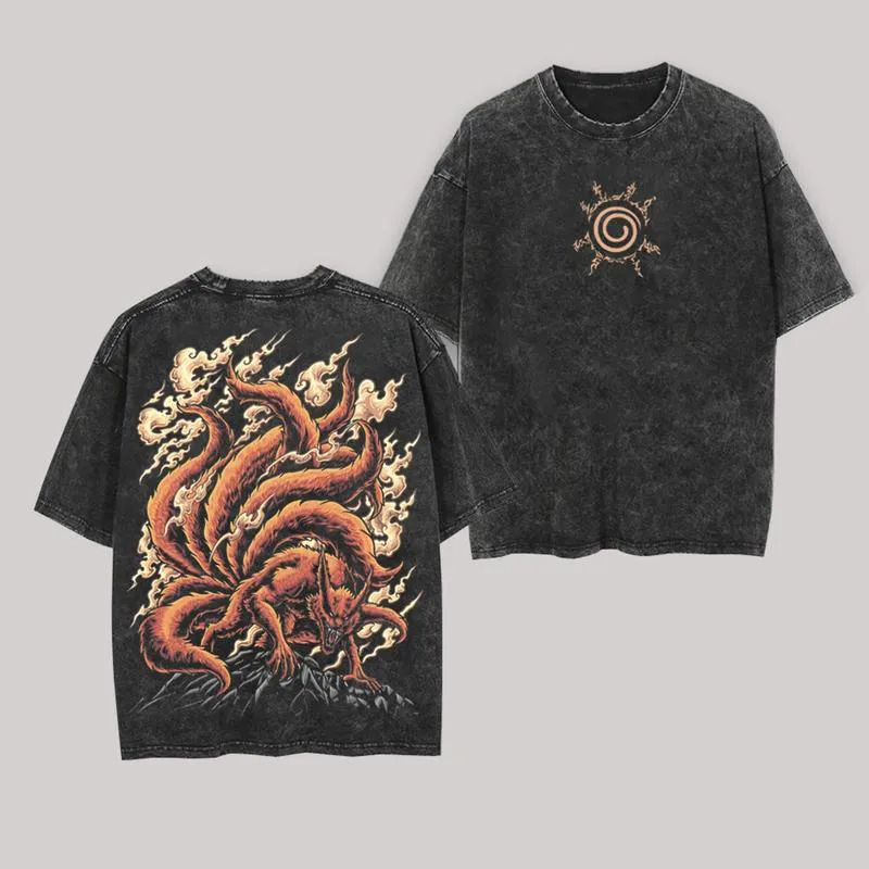 Acid Wash Vintage Graphic T Shirt - 鞍馬 Tシャツ九尾ナルトヴィンテージアシッドウォッシュストリートウェア九尾の狐レトロアニメグラフィックメンズ Tシャツコットントップ