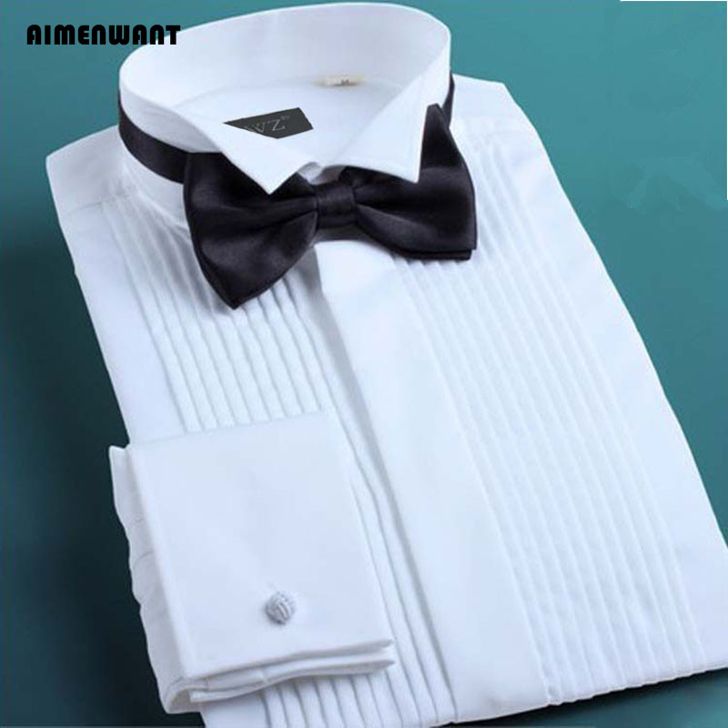 Mandarin Collar Formal Shirt Slim Fit - Aimenwant-男性用の白いタキシードシャツ、韓国のスリムフィット、蝶ネクタイ、結婚式のシャツ、フレンチカフ付きシャツ、ドレスシャツ、ビジネス、24