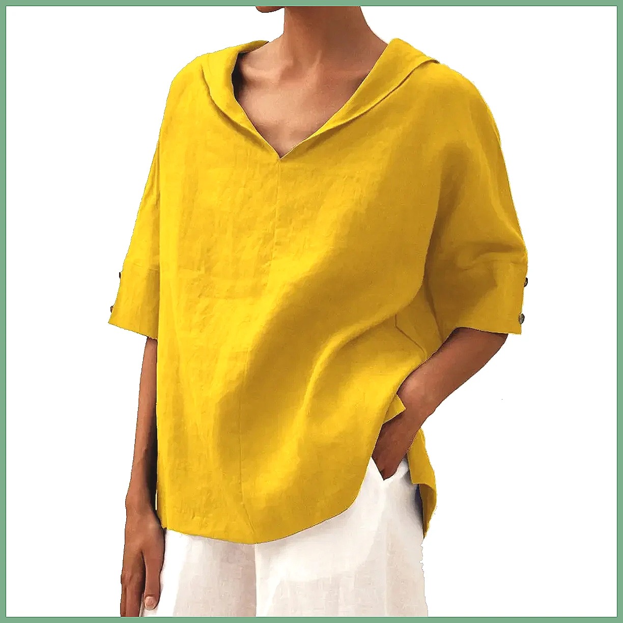 Shirts - レディース ルーズ Vネック コットンリネンシャツ 2026 カジュアル