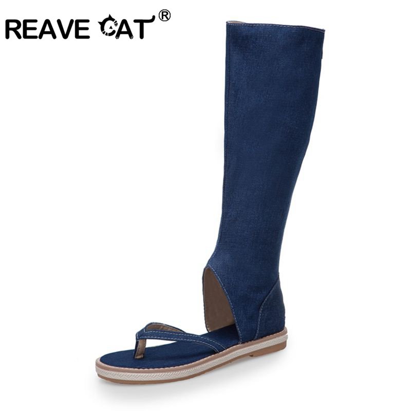 Jeans - Reave-女性用キャットクリップサンダル,フラットブルージーンズシューズ,グラディエーターブーツ,サイズ43