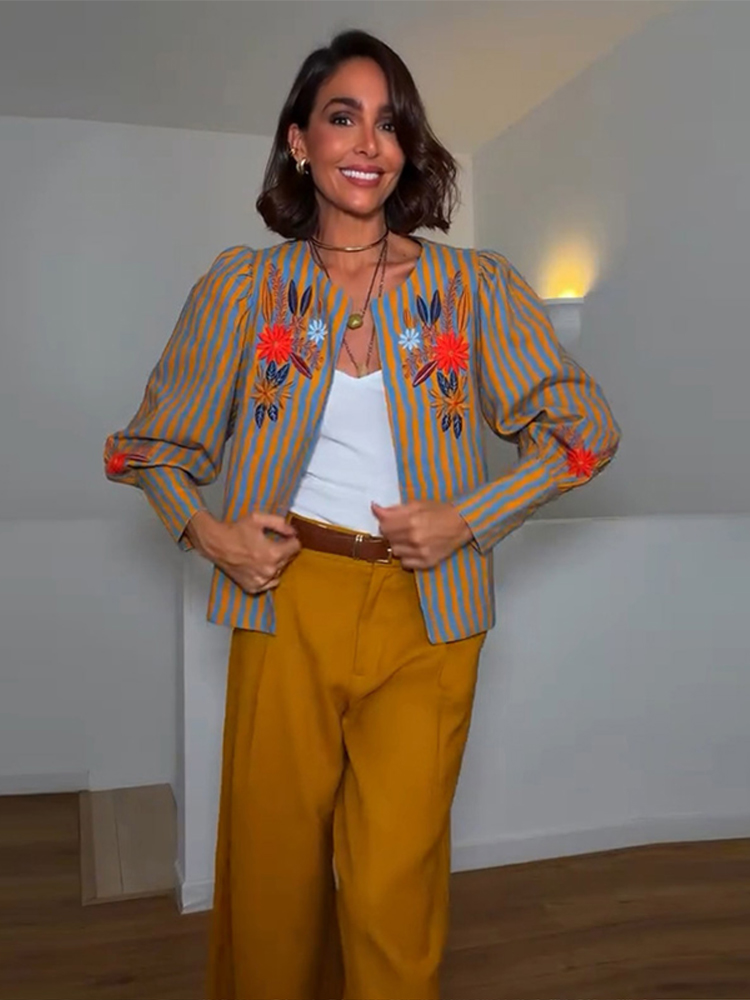 Jackets - 2026年初秋ストライプフラワー刺繍ジャケットラウンドネック長袖ルーズコートカジュアル新作デイリーレディース服