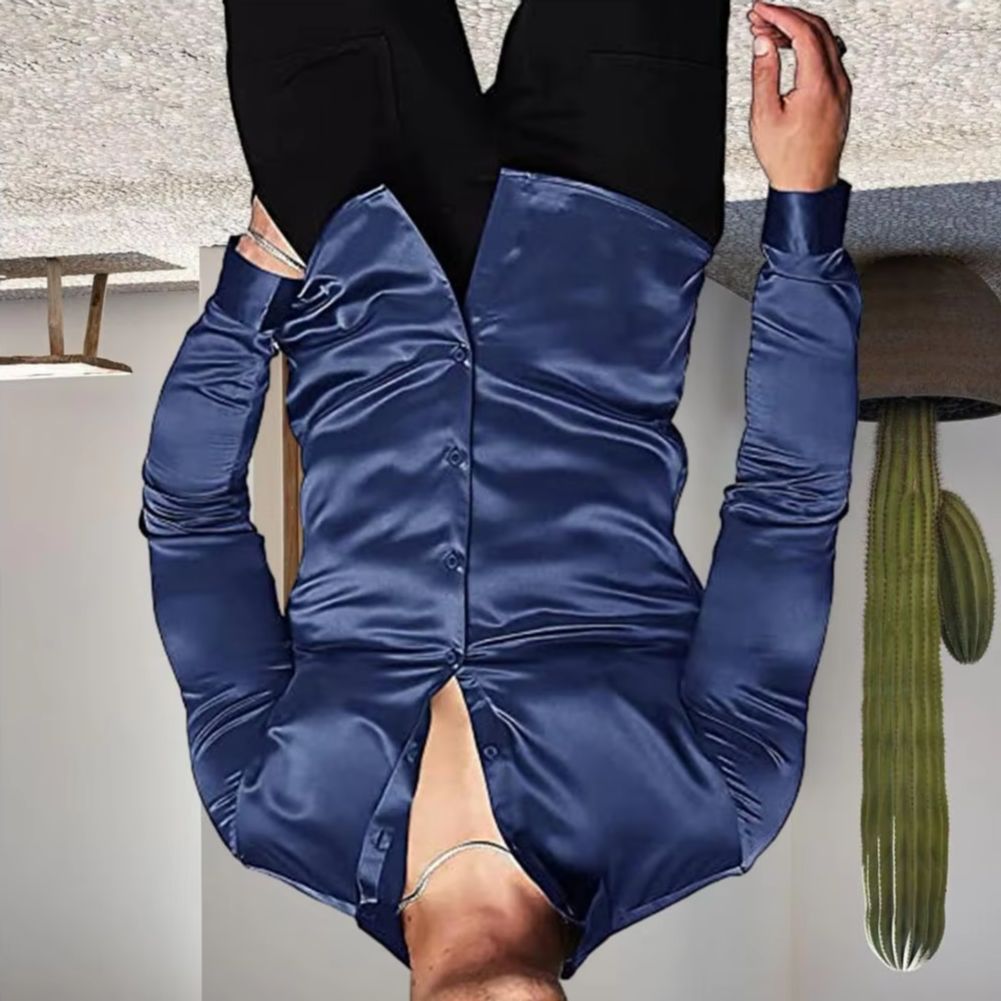 Mens Satin Silk Dress Shirt - スタイリッシュなメンズシャツ、光沢のあるシルクのようなサテン生地、長袖カジュアルドレスシャツ、無地、ラペルボタンダウンシャツ、カジュアルメンズシャツ