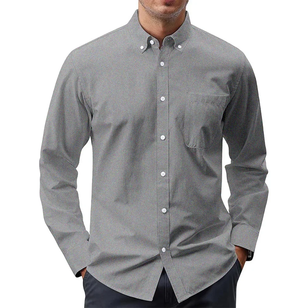 Oxford Cotton Casual Shirt Business - メンズ長袖シャツソリッドカラーオックスフォードシャツメンズボタンアップシャツポケット付きメンズシャツビジネスドレスシャツ