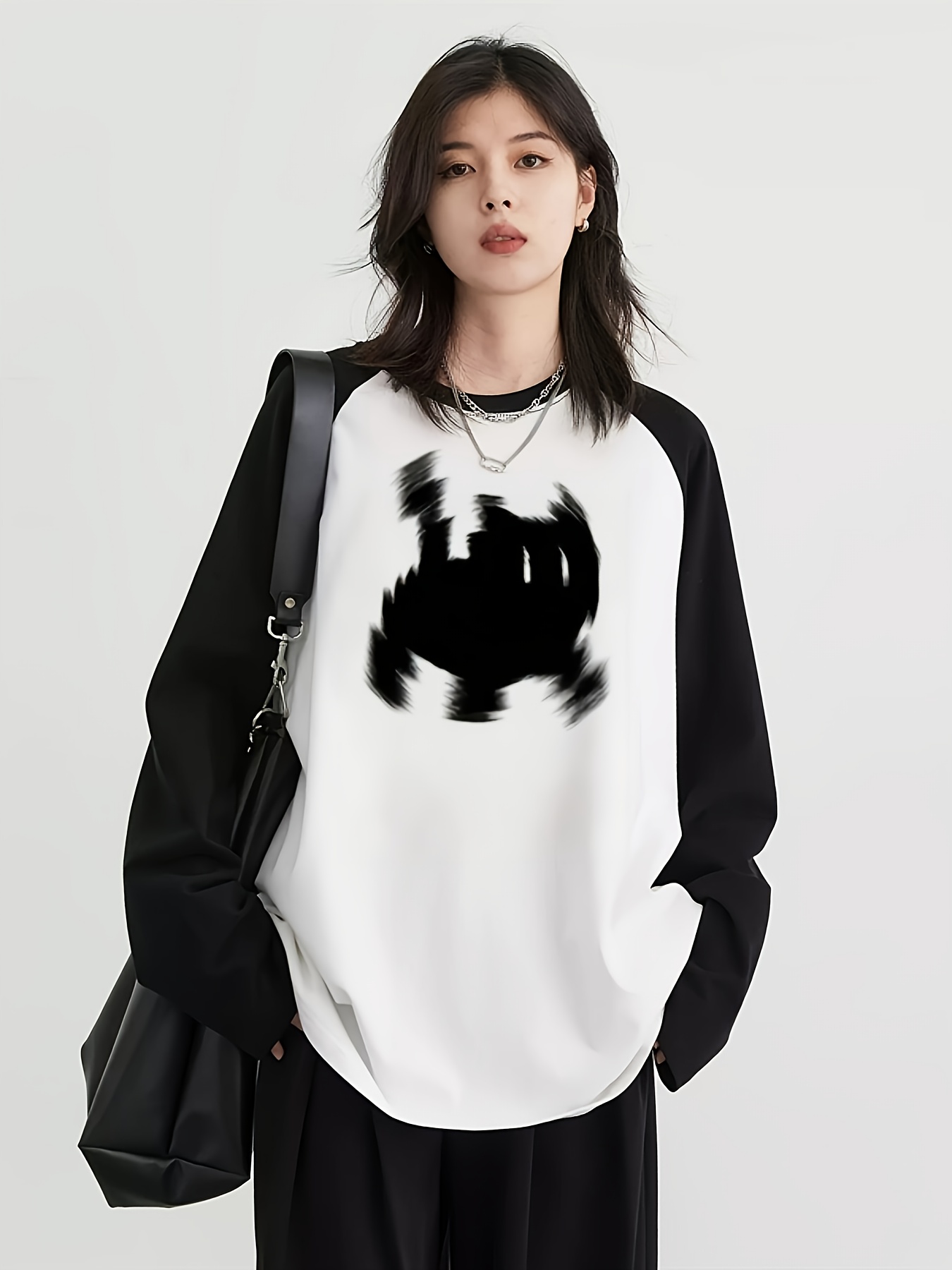 T-Shirts - Y2K レディース ラグラン長袖 Tシャツ ブロック柄 かわいい猫グラフィック付き