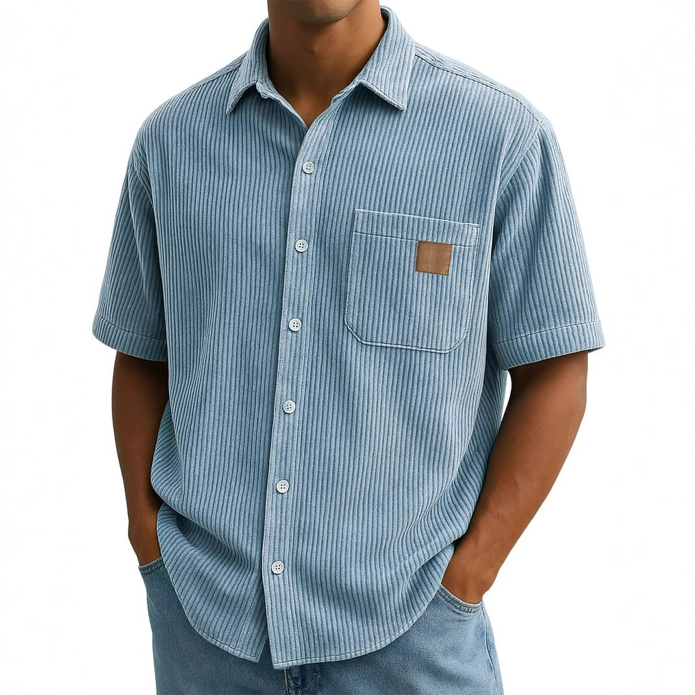 Corduroy Button Up Shirt Men - メンズコーデュロイ半袖シャツ、ヴィンテージパッチポケットサマーシャツ、メンズカジュアルラペルボタンアップTシャツ