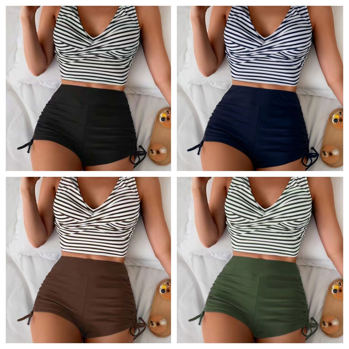 女性水着ビキニクロップトップハイウエストショーツビキニストラ - Shorts のレビューと価格