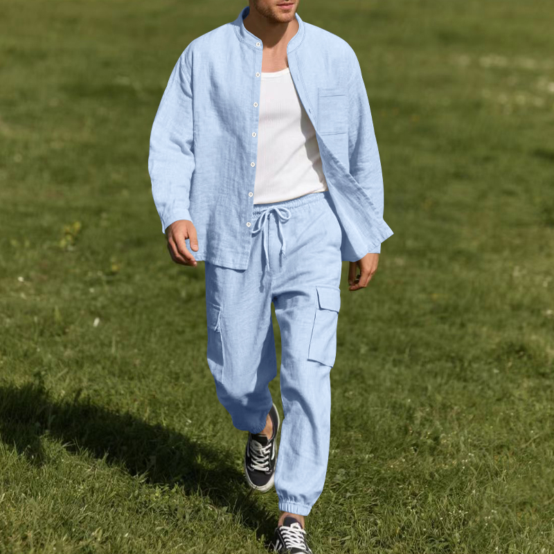 メンズリネン通気性ツーピースセット、スタンドカラー長袖シャツ - Mens Linen Shirt Long Sleeve のレビューと価格