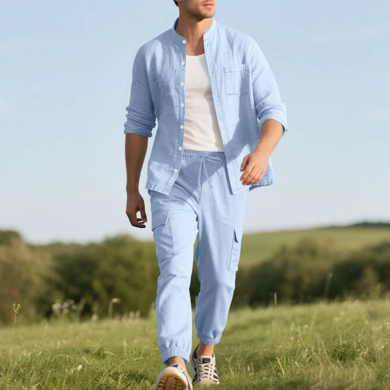メンズリネン通気性ツーピースセット、スタンドカラー長袖シャツ - Mens Linen Shirt Long Sleeve のレビューと価格