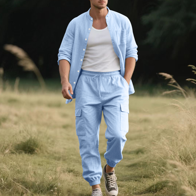 メンズリネン通気性ツーピースセット、スタンドカラー長袖シャツ - Mens Linen Shirt Long Sleeve のレビューと価格