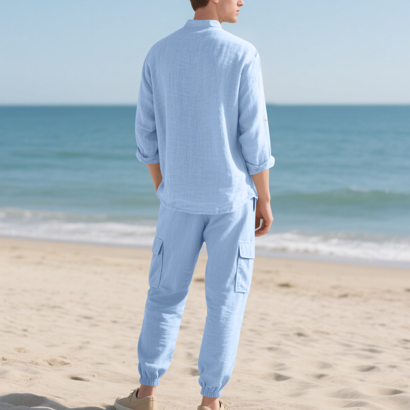 メンズリネン通気性ツーピースセット、スタンドカラー長袖シャツ - Mens Linen Shirt Long Sleeve のレビューと価格