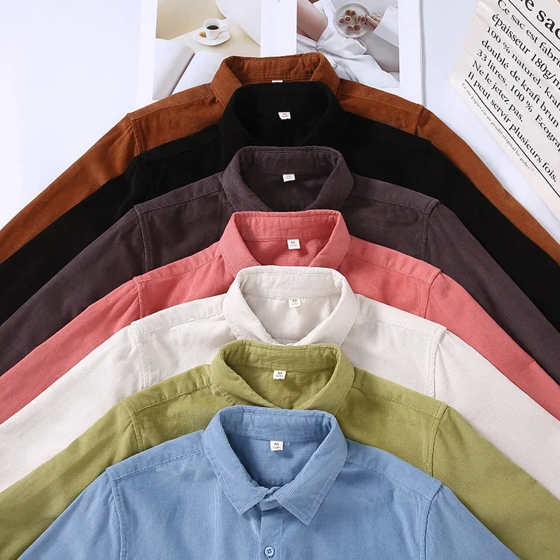 春秋メンズ長袖白シャツコーデュロイ風トップス原宿ヴィンテージ - Corduroy Button Up Shirt Men のレビューと価格